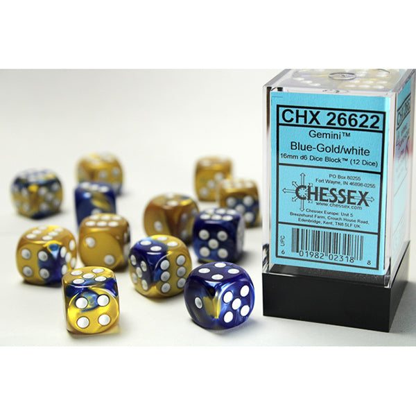 Chessex Dice - 16mm 12d6 Gemini: Blue-Gold/White
