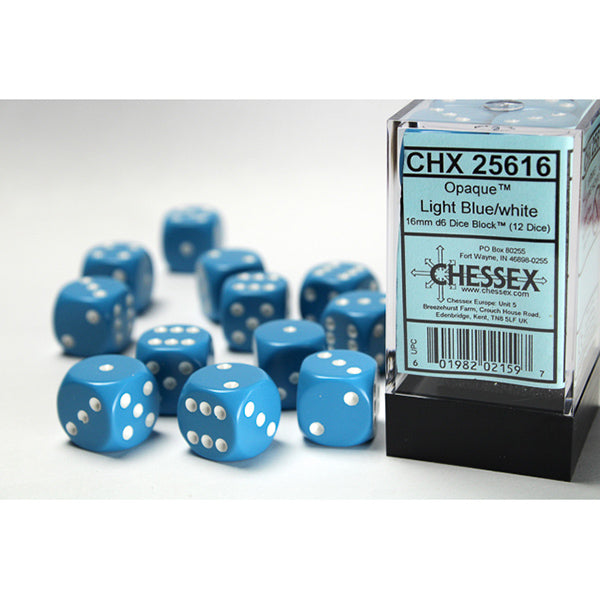 Chessex Dice - 16mm 12d6 Opaque: Light Blue/White