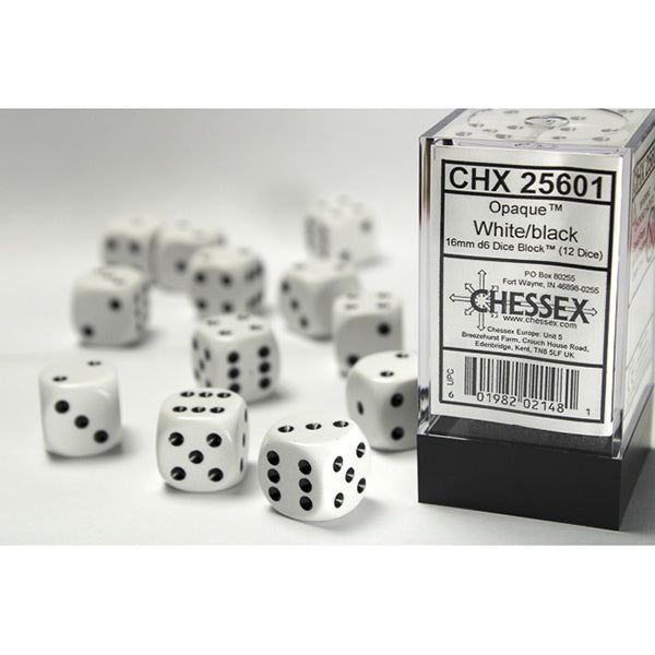 Chessex Dice - 16mm 12d6 Opaque: White/Black