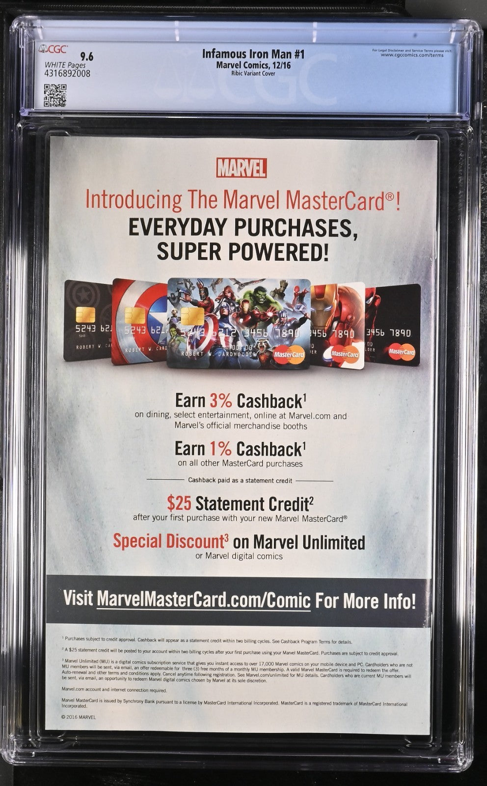 INFAMOUS IRON MAN #1 MARVEL 2016 RIBIC 1:25 VARIANT COVER CGC 9.6 WHITE PAGES