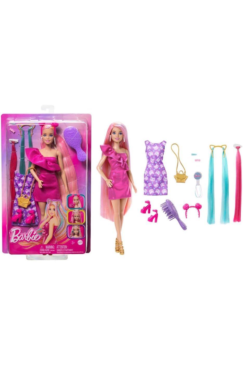 Barbie Doll with Extra-Long Blonde Rainbow Hair & Color-Block Polka Dot Dress, Plus 10 Hair & Fashion Accessories
