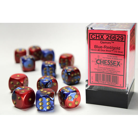 Chessex Dice - 16mm 12d6 Gemini: Blue-Red/Gold
