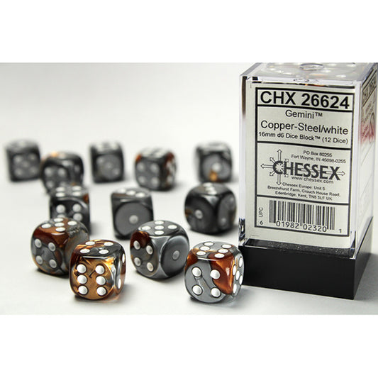 Chessex Dice - 16mm 12d6 Gemini: Copper-Steel/White