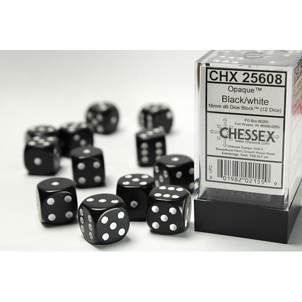 Chessex Dice - 16mm 12d6 Opaque: Black/White