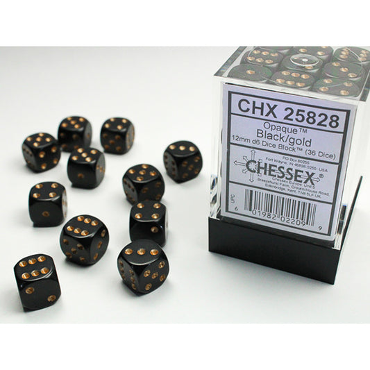 Chessex Dice - 12mm 36d6 Opaque: Black/Gold