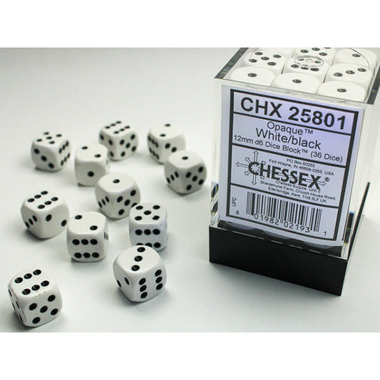 Chessex Dice - 12mm 36d6 Opaque: White/Black
