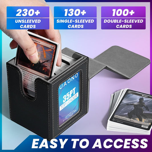 UAONO Card Deck Box for MTG Commander, Fits 100 Double-Sleeved Cards | Independent Commander Display, Magnetic Deck Case for Magic the Gathering TCG, 2 Dividers & 1 Top Loader