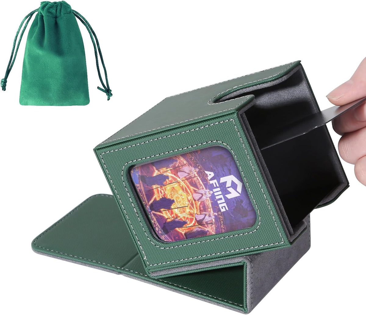 AFIING MTG Deck Box for Commander Display,Card Deck Box Fits 100 Double Sleeved Cards, Magic Commander TCG Card Storage case with 2 Dividers,Dice Bag and 1 Toploader(Green/Grey)