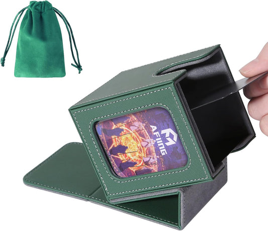 AFIING MTG Deck Box for Commander Display,Card Deck Box Fits 100 Double Sleeved Cards, Magic Commander TCG Card Storage case with 2 Dividers,Dice Bag and 1 Toploader(Green/Grey)
