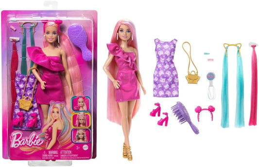 Barbie Doll with Extra-Long Blonde Rainbow Hair & Color-Block Polka Dot Dress, Plus 10 Hair & Fashion Accessories