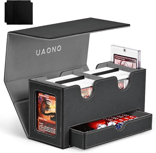 UAONO 3-in-1 MTG Commander Deck Box, Black Gray 2 Magnetic Card Holders & 1 Dice Tray, Fits 200 Double Sleeved, Card Organizer